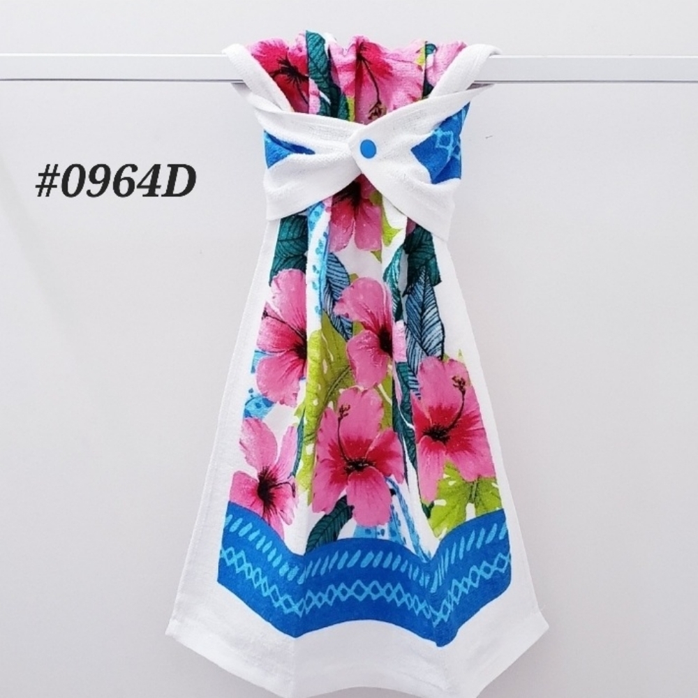 #0964-D ●NEW! HIBISCUS Hang'N'Snap hand towel 🤍Royal Blue Plastic Snap